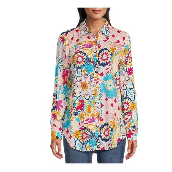 Figueroa & Flower Womens Floral Print Rayon Button-Down Shirt Top L - Picture 2 of 7
